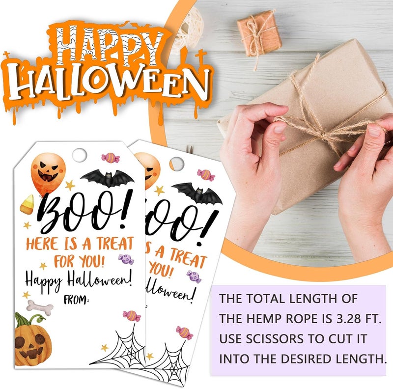 RPLCSPC Black Halloween Paper Gift Tags with String-50Pcs, Here is A Treat for You Happy Halloween Cute Ghost Boo Tags for Goodie Bags, 2 x 3.5 Inch Hanging Labels for Decor Party Supplies, Gift Wrapping-B10 - Image 3